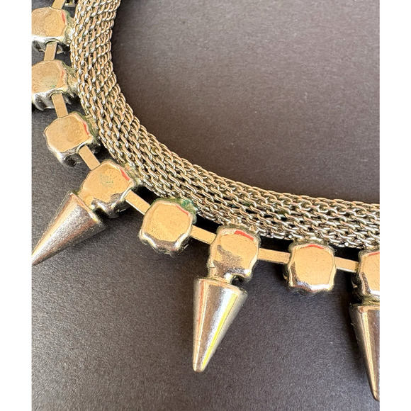 Graziano Silver Tone Mesh w/ Clear Rhinestone & Spikes Necklace Goth Biker Edgy - Picture 7 of 12